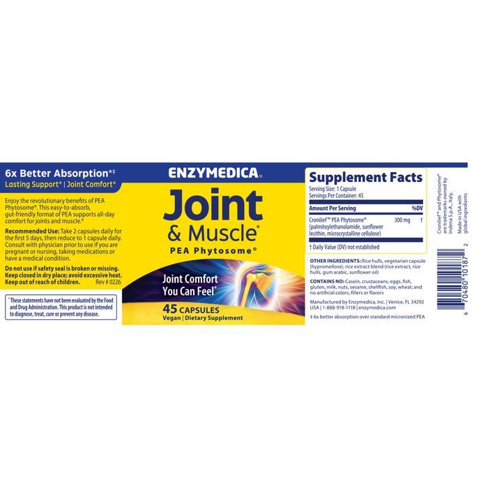 Joint & Muscle with PEA Phytosome 60 Capsules by Enzymedica supplement facts label and information label