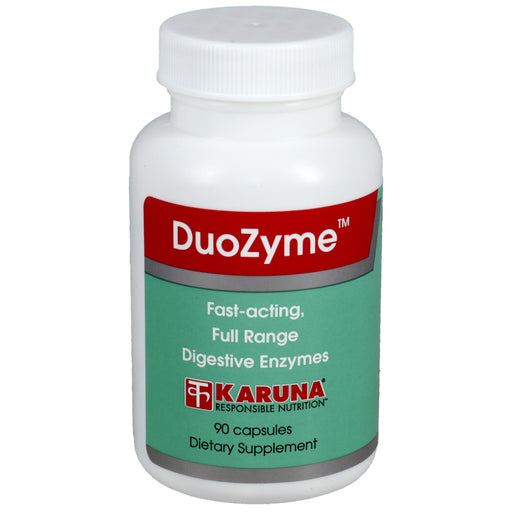 Supplement bottle labeled 'DuoZyme' by Karuna 90 capsules on a white background