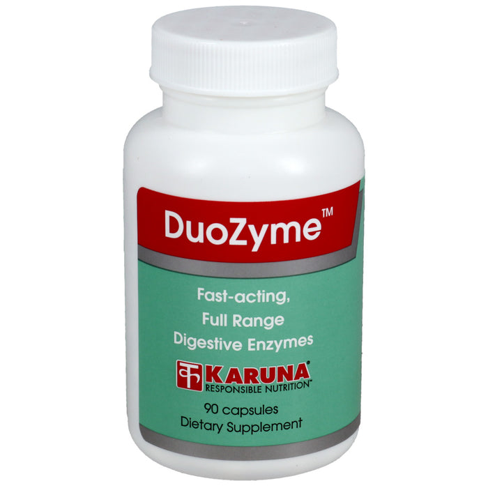 Supplement bottle labeled 'DuoZyme' by Karuna 90 capsules on a white background