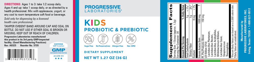 Kid's Probiotic & Prebiotic Powder 30 Servings by Progressive Labs information labels