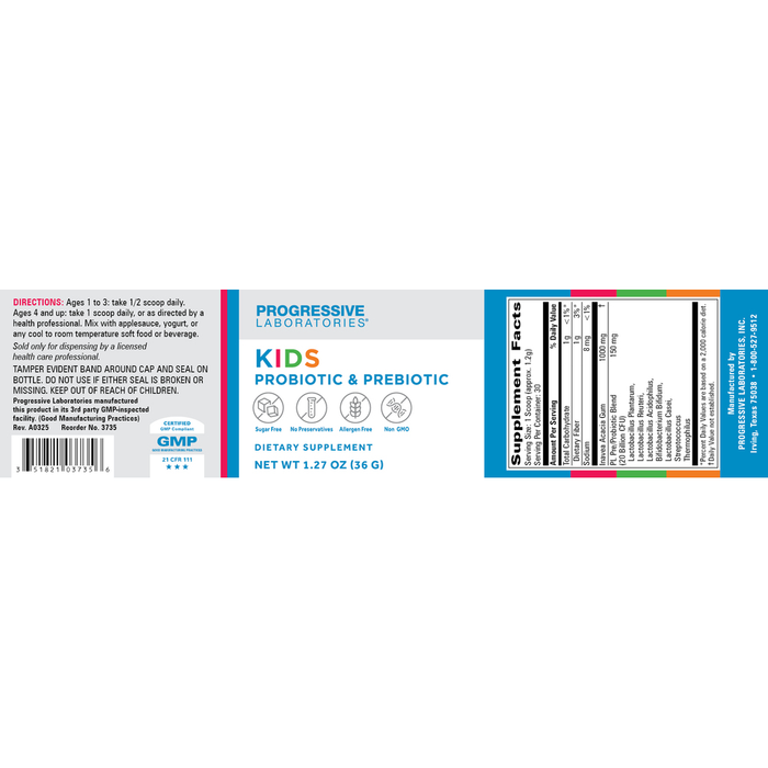 Kid's Probiotic & Prebiotic Powder 30 Servings by Progressive Labs information labels
