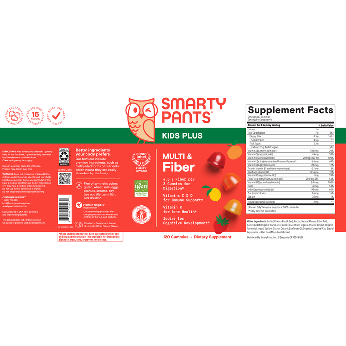 Kids Plus Multi & Fiber 120 Gummies by SmartyPants Vitamins information label