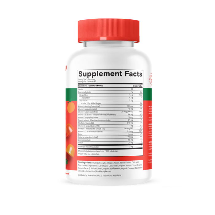 Kids Plus Multi & Fiber 120 Gummies by SmartyPants Vitamins supplement facts label