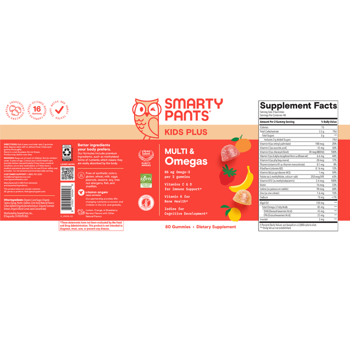 Kids Plus Multi & Omegas 80 Gummies by SmartyPantsVitamins information facts 
