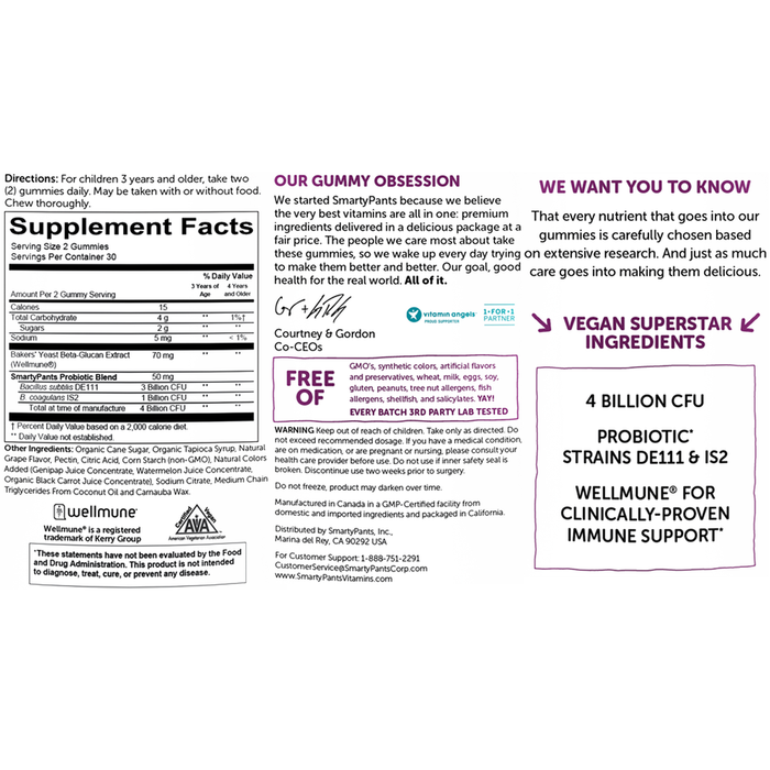 Kids Probiotic Complete Grape 60 Gummies by SmartyPants Vitamins information label 
