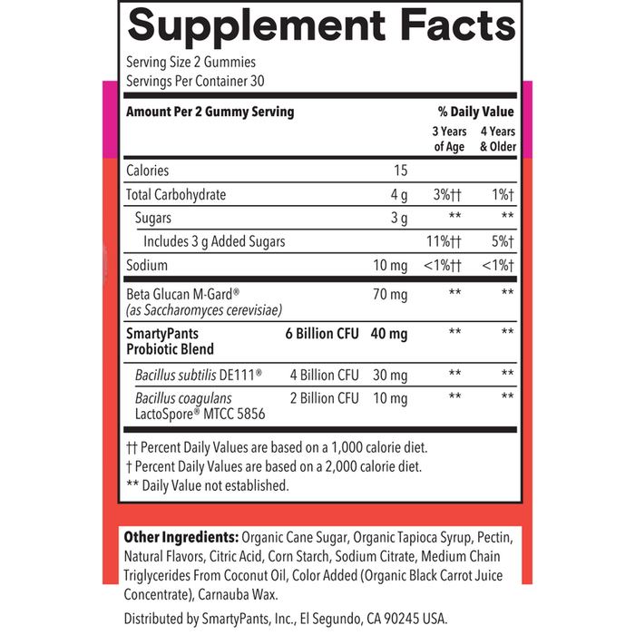 Kids Probiotic Complete Strawberry Creme 60 Gummies by SmartyPants Vitamins supplement facts label
 
