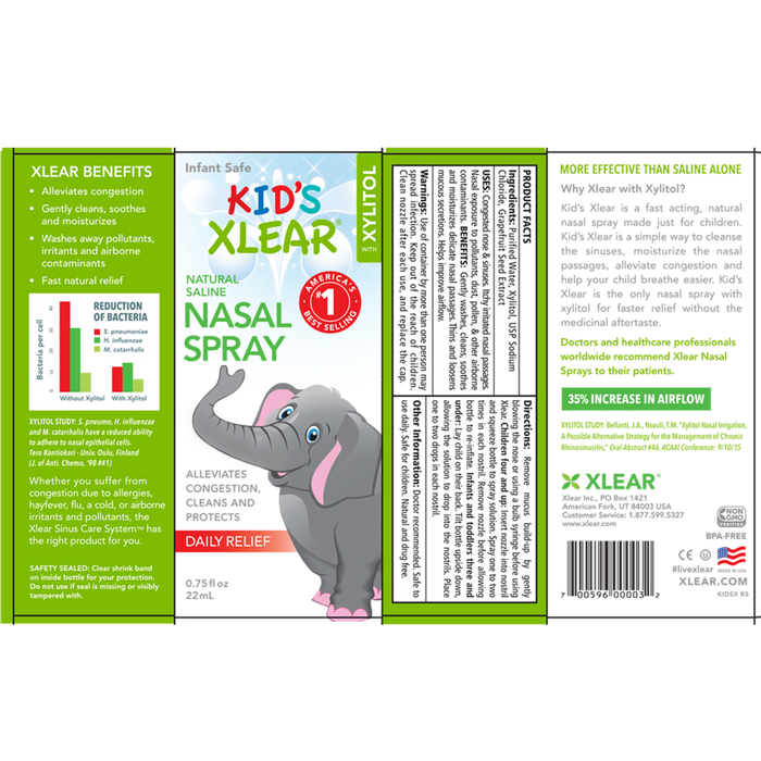 Kids Xlear 0.75 fl oz by Xlear Supplement Facts and Reccomendations Label