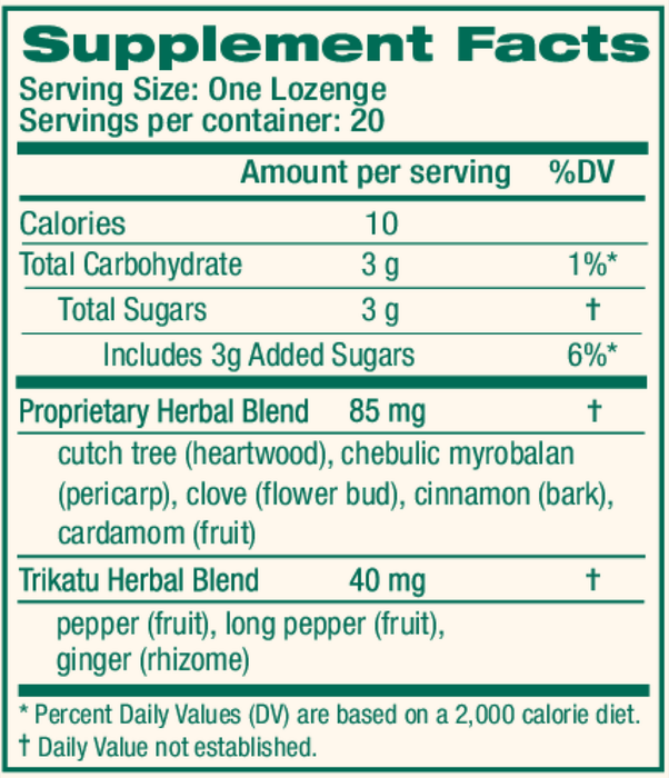 Koflet Lozenges 20 Count by Himalaya Wellness orange cardamom supplement facts label
