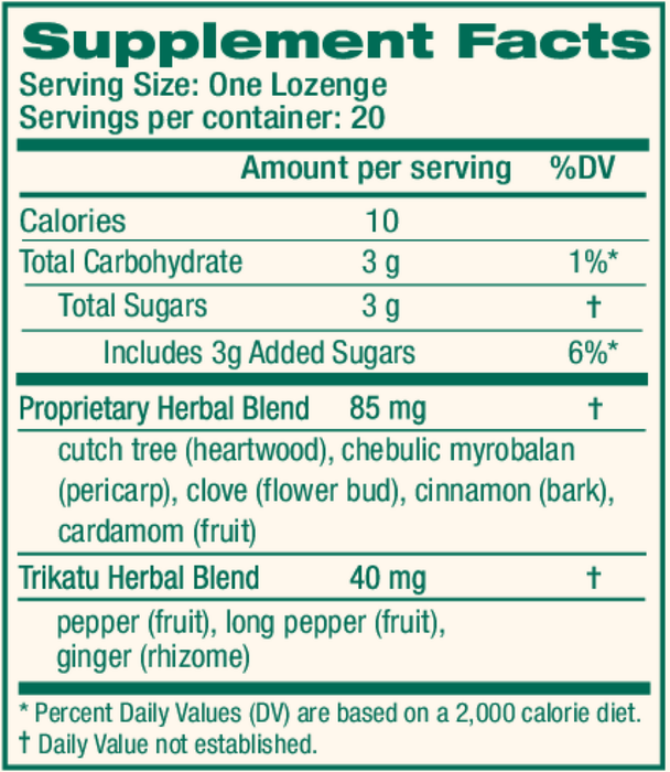 Koflet Lozenges 20 Count by Himalaya Wellness vanilla chai supplement facts label
