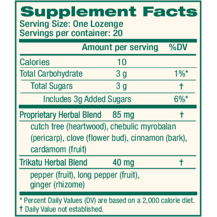 Koflet Lozenges 20 Count by Himalaya Wellness vanilla chai supplement facts label
