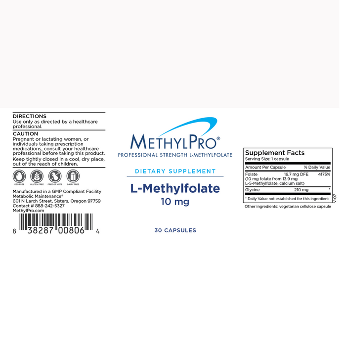 L-Methylfolate 10 mg 30 Capsules by MethylPro Label