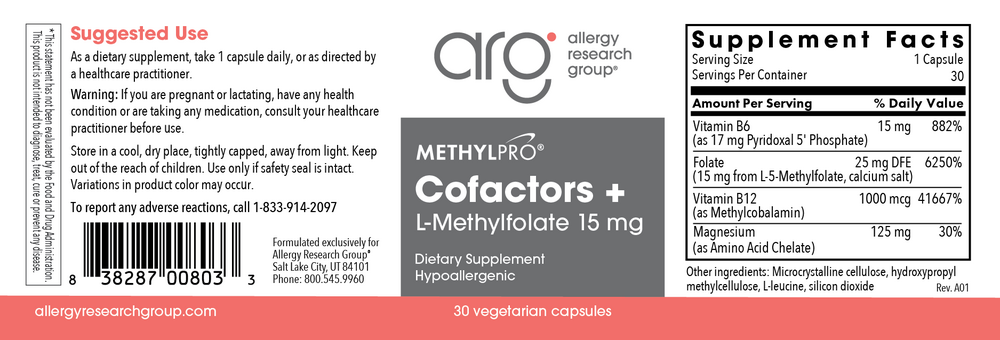 L-Methylfolate 15 mg + Cofactors 30 Capsules by MethylPro Label