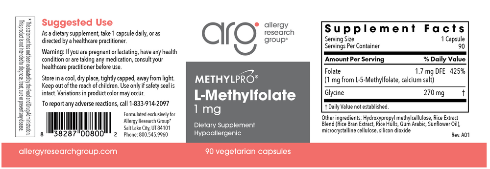 L-Methylfolate 1mg 90 Capsules by MethylPro Label 