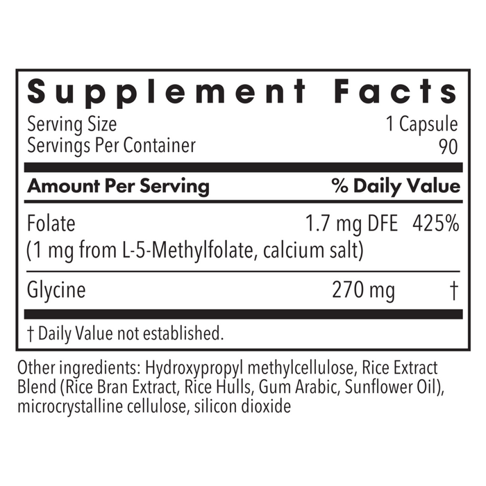L-Methylfolate 1mg 90 Capsules by MethylPro Supplement Facts Label