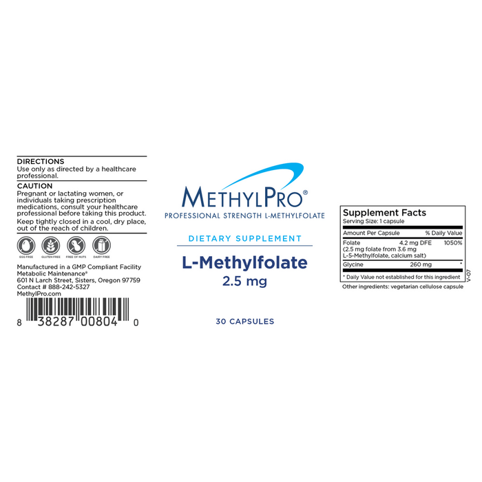 L-Methylfolate 2.5 mg 30 Capsules by MethylPro Label