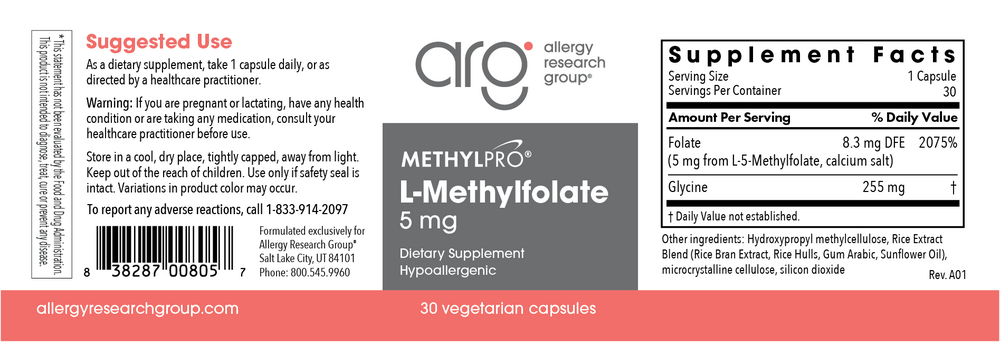L-Methylfolate 5 mg 30 Capsules by MethylPro Label