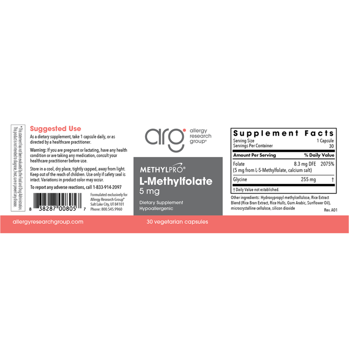L-Methylfolate 5 mg 30 Capsules by MethylPro Label