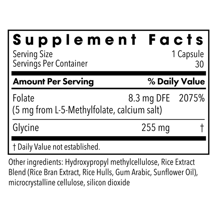 L-Methylfolate 5 mg 30 Capsules by MethylPro Supplement Facts Label