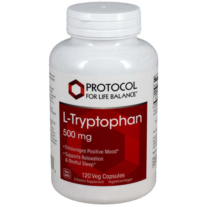 Bottle of Protocol for Life Balance L-Tryptophan supplement on a white background