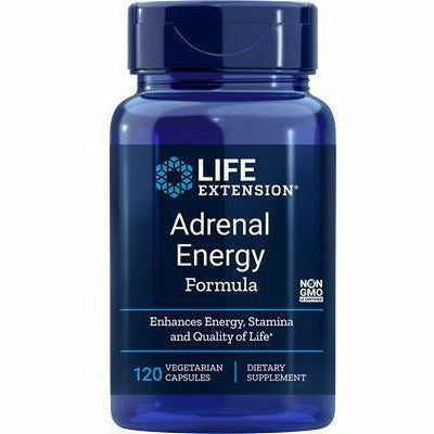 Blue supplement bottle labeled 'Life Extension Adrenal Energy Formula' on a white background