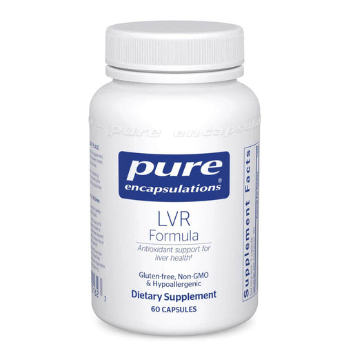 White supplement bottle labeled 'pure encapsulations LVR Formula' on a white background