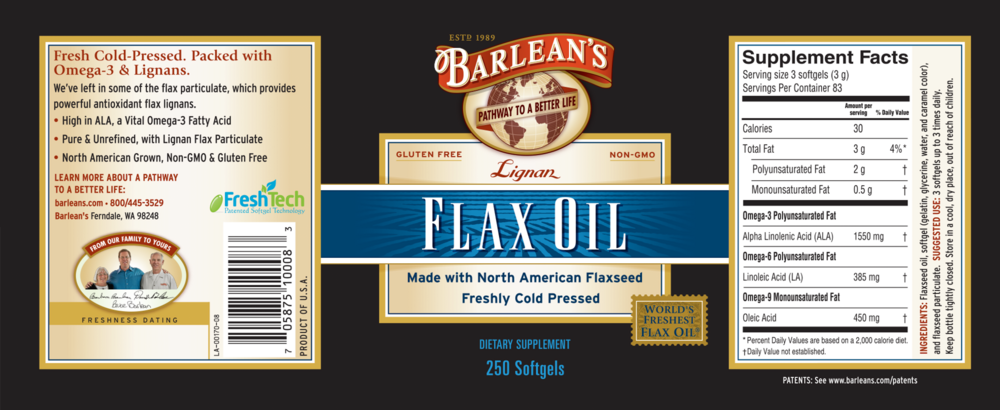 Lignan Flax Oil 250 Softgels by Barlean's Organic Oils recommendations and supplement facts label