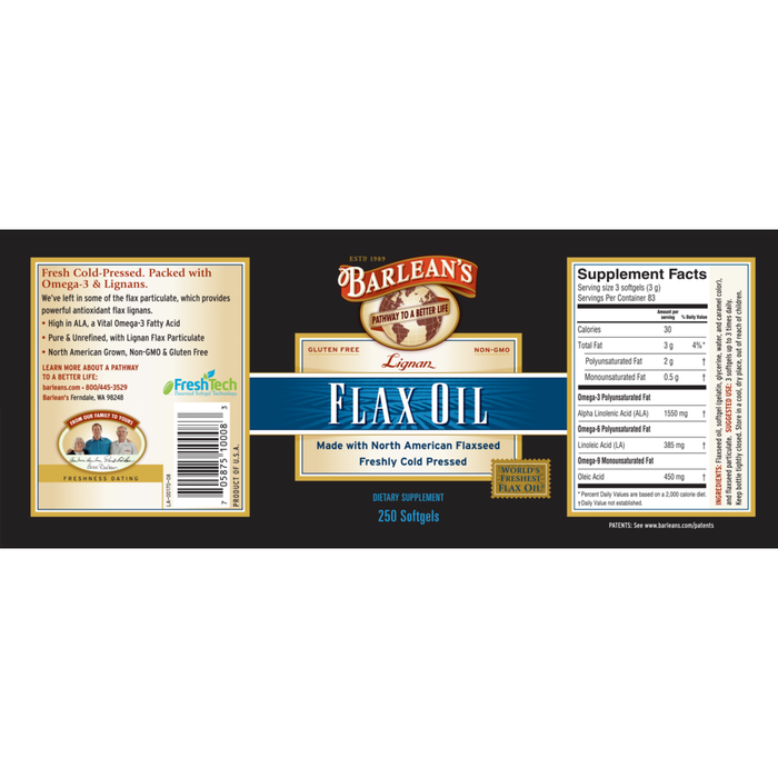 Lignan Flax Oil 250 Softgels by Barlean's Organic Oils recommendations and supplement facts label