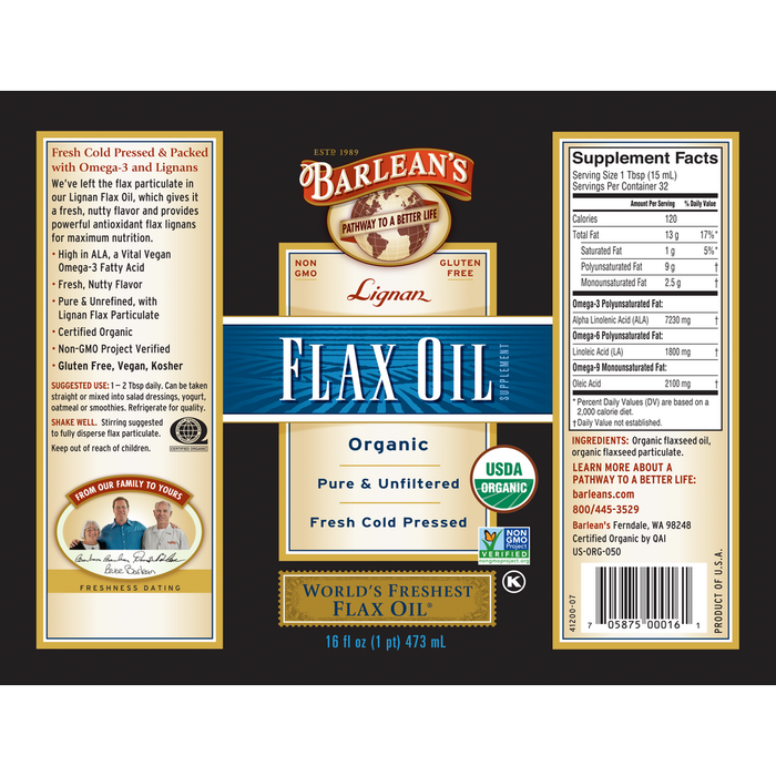 Lignan Flax Oil by Barlean's Organic Oils 16 fl oz supplement facts and recommendations label