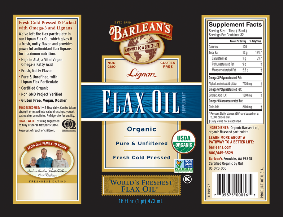 Lignan Flax Oil by Barlean's Organic Oils 16 fl oz supplement facts and recommendations label