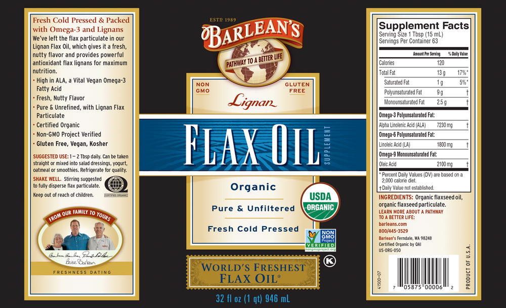 Lignan Flax Oil by Barlean's Organic Oils 32 fl oz supplement facts and recommendations label