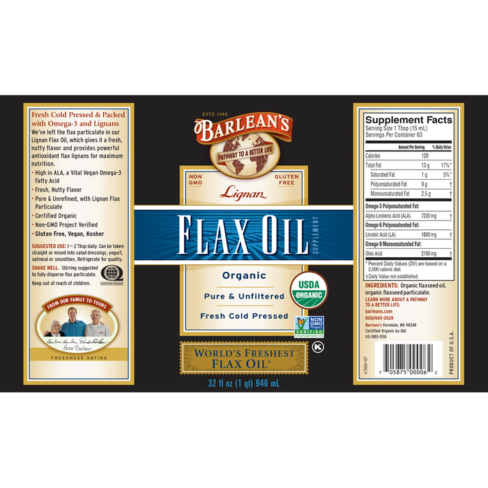 Lignan Flax Oil by Barlean's Organic Oils 32 fl oz supplement facts and recommendations label
