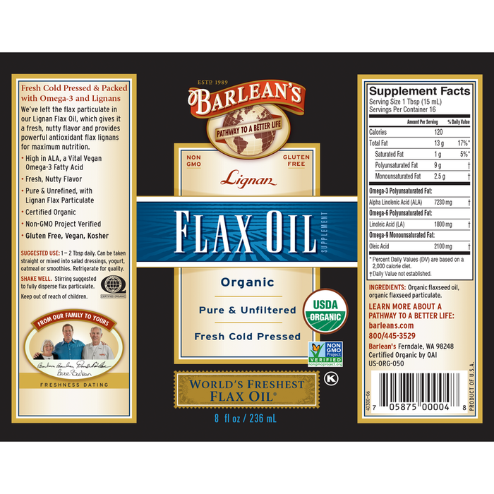 Lignan Flax Oil by Barlean's Organic Oils 8 fl oz supplement facts and reccomendations label
