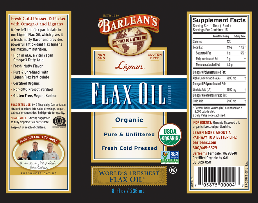 Lignan Flax Oil by Barlean's Organic Oils 8 fl oz supplement facts and reccomendations label