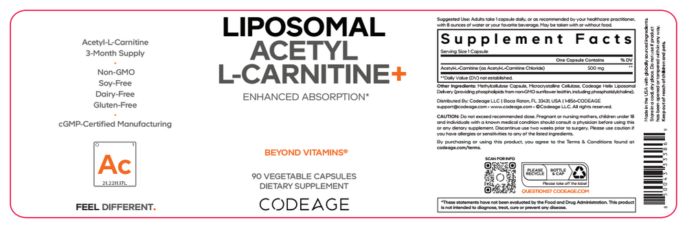 Liposomal Acetyl L-Carnitine+ 90 Capsules by CodeAge information facts label
