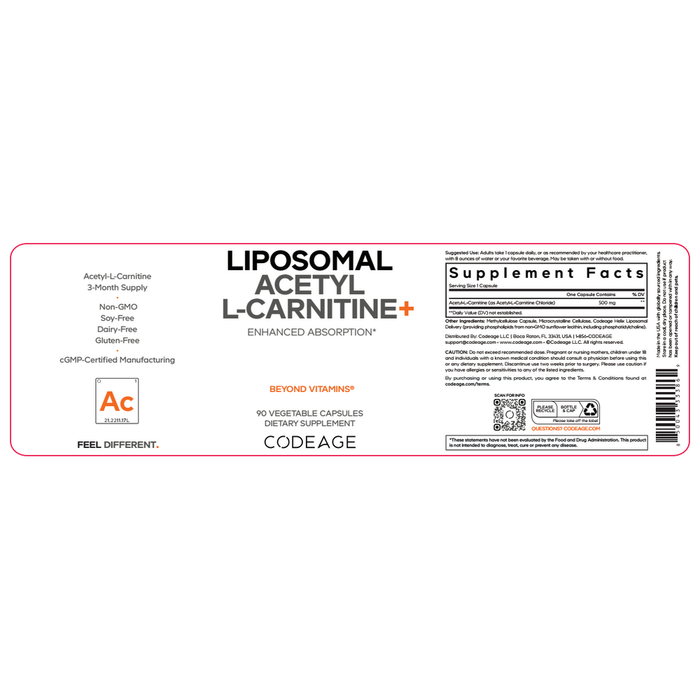 Liposomal Acetyl L-Carnitine+ 90 Capsules by CodeAge information facts label
