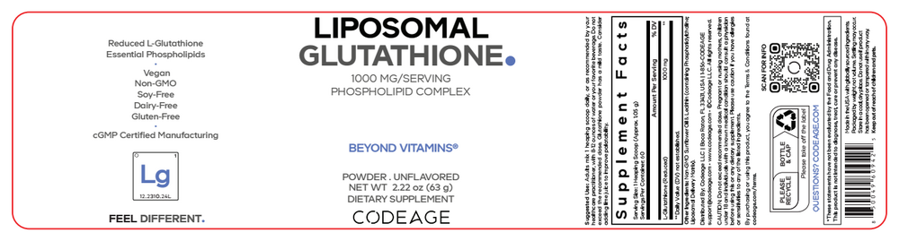 Liposomal Glutathione Powder 1000 mg Unflavored 60 Servings by CodeAge information facts label
