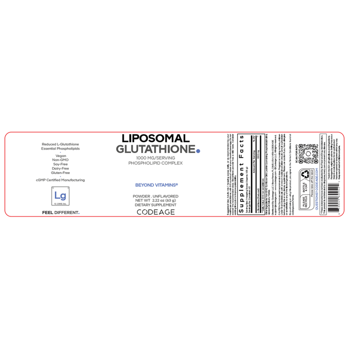 Liposomal Glutathione Powder 1000 mg Unflavored 60 Servings by CodeAge information facts label

