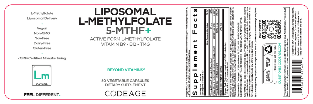 Liposomal L-Methylfolate 5-MTHF+ 60 Capsules by CodeAge information label
