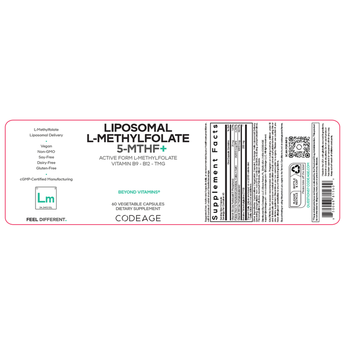 Liposomal L-Methylfolate 5-MTHF+ 60 Capsules by CodeAge information label
