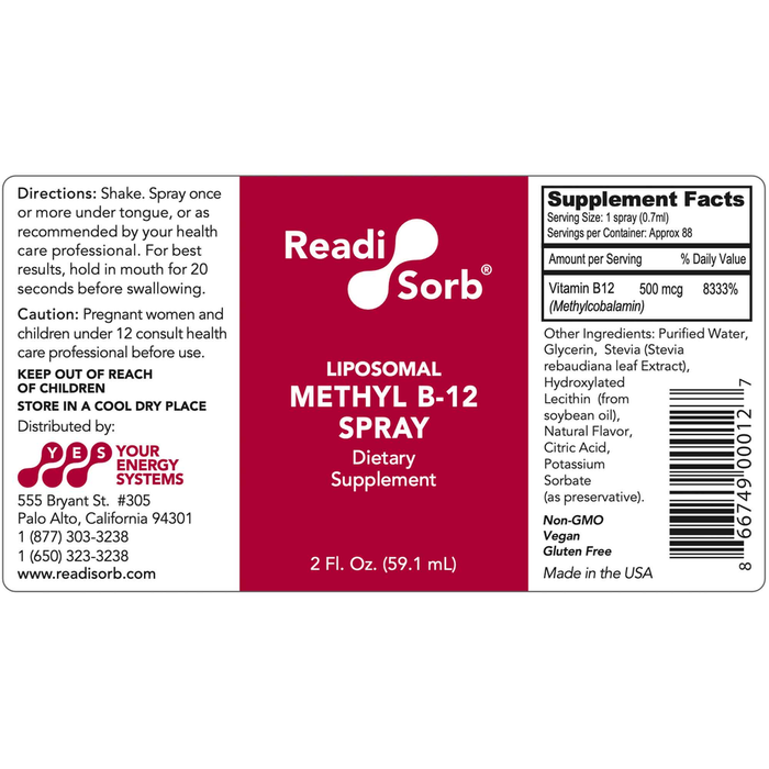 Liposomal Methyl B-12 Spray 2 fl oz by Readisorb information label
