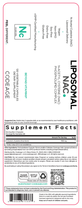 Liposomal NAC 120 Capsules by CodeAge information label
