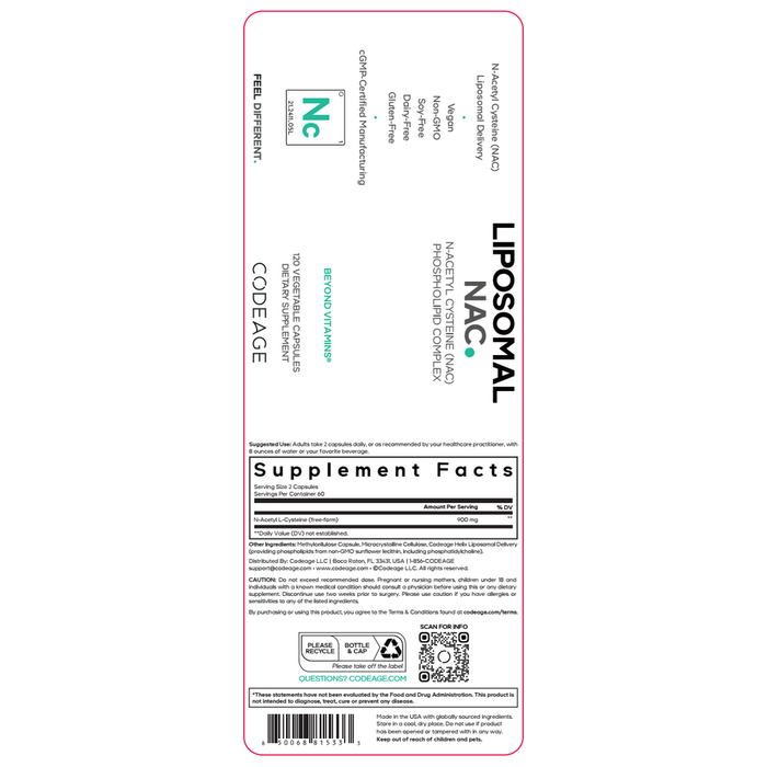 Liposomal NAC 120 Capsules by CodeAge information label
