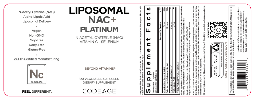 Liposomal NAC+ Platinum 120 Capsules by CodeAge information label

