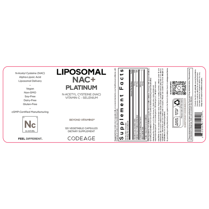Liposomal NAC+ Platinum 120 Capsules by CodeAge information label
