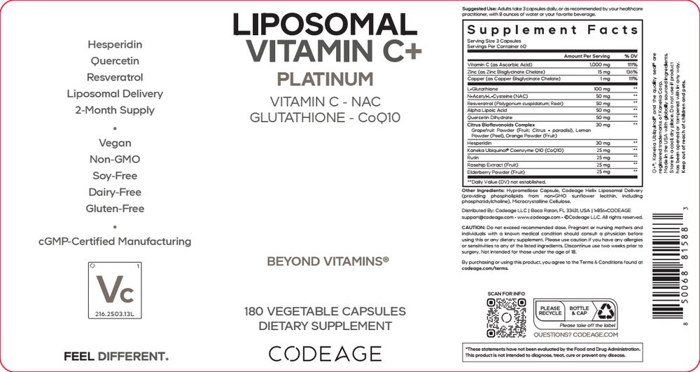 Liposomal Vitamin C+ Platinum 180 Capsules by CodeAge information label
