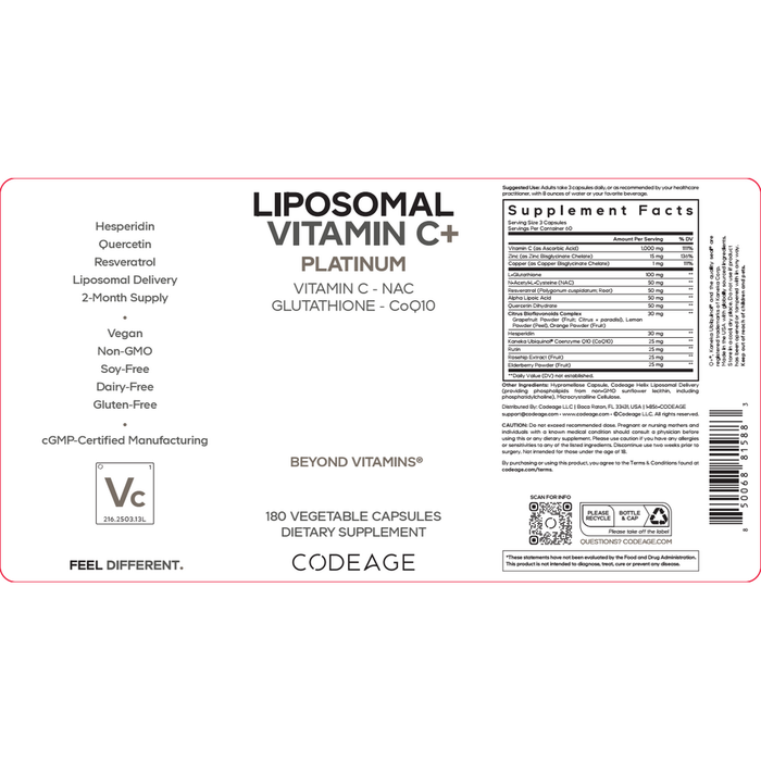Liposomal Vitamin C+ Platinum 180 Capsules by CodeAge information label
