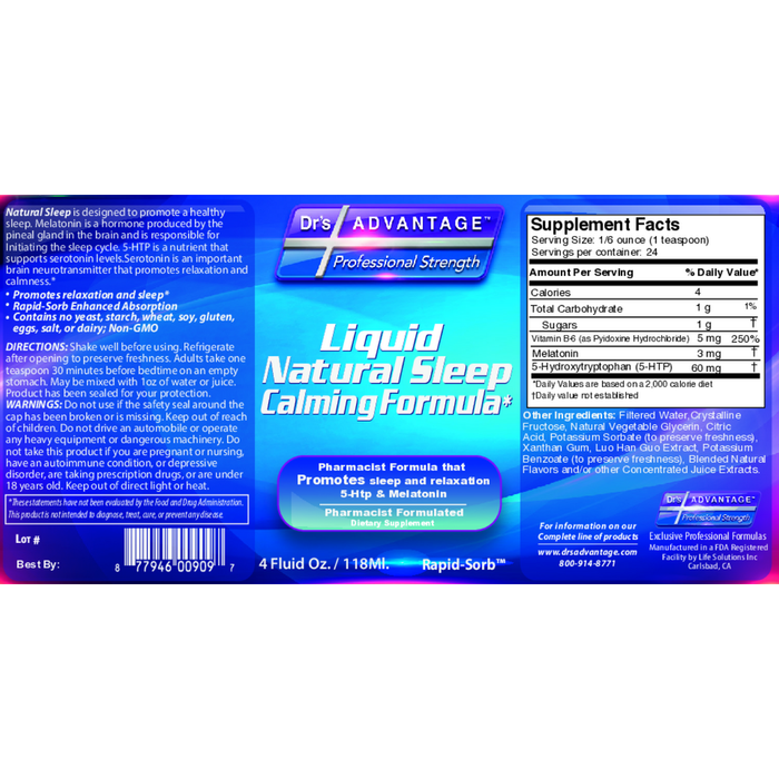 Liquid Natural Sleep Calming 4 fl oz by Dr.'s Advantage information label