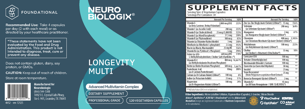 Longevity Multi 120 Capsules by Neurobiologix Label