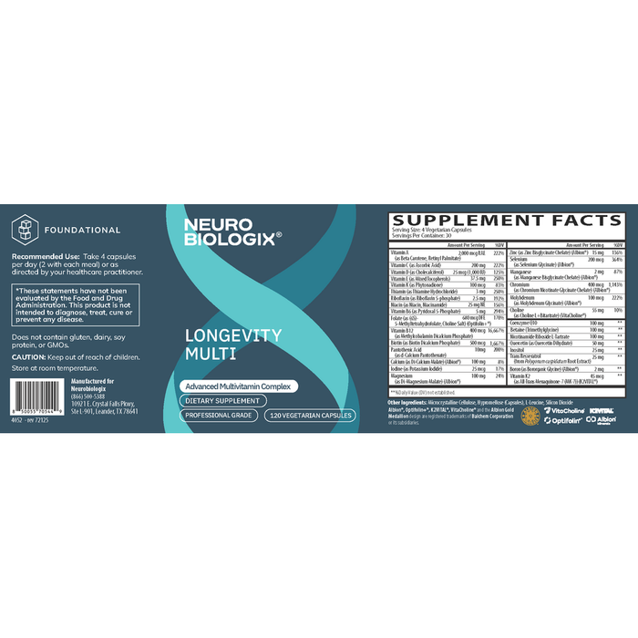 Longevity Multi 120 Capsules by Neurobiologix Label