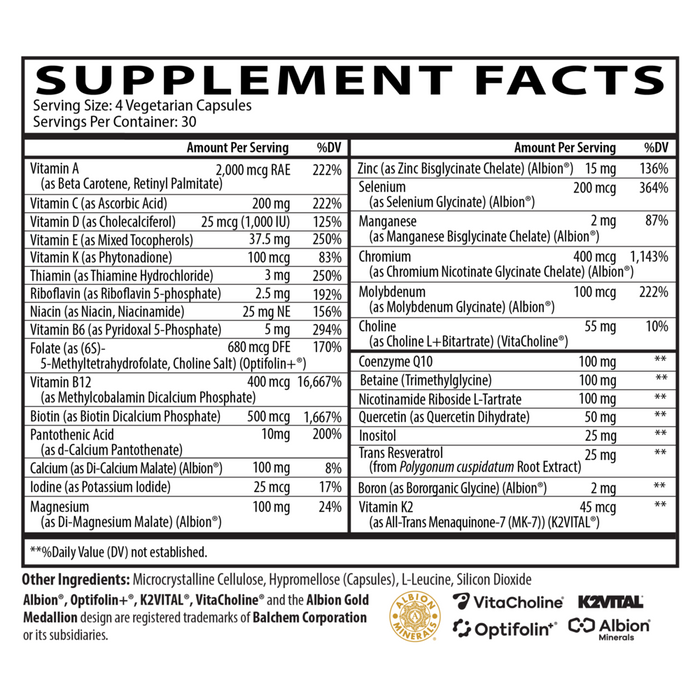 Longevity Multi 120 Capsules by Neurobiologix Supplement Facts Label